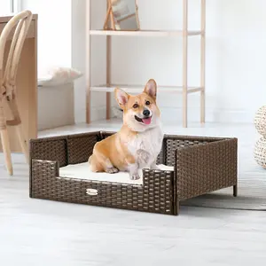 YITAHOME Rattan Dog Bed with Cushion,Wicker Pet Bed Sofa Couch Indoor Outdoor Water Resistant for Large Medium Small Dogs Cats