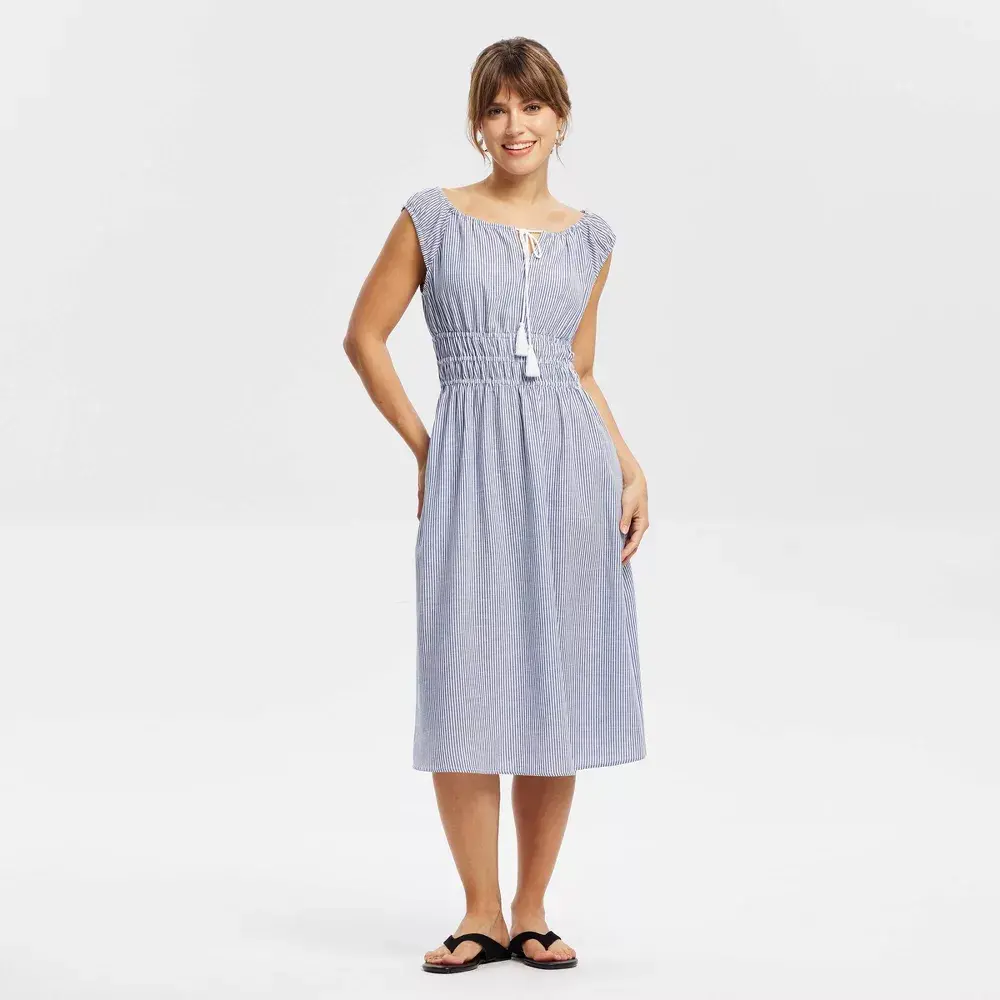 Women's Cap Sleeve Tassel Drawstring Midi Dress - Universal Thread Striped