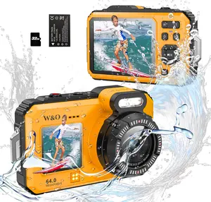 4K Underwater Camera, UHD 64MP Point and Shoot Digital Camera, 16FT Waterproof Camera with 32GB Card, Auto Focus Waterproof Dual-Screen Selfie 2500mAh Battery, 18X Floatable Digital for Snorkeling