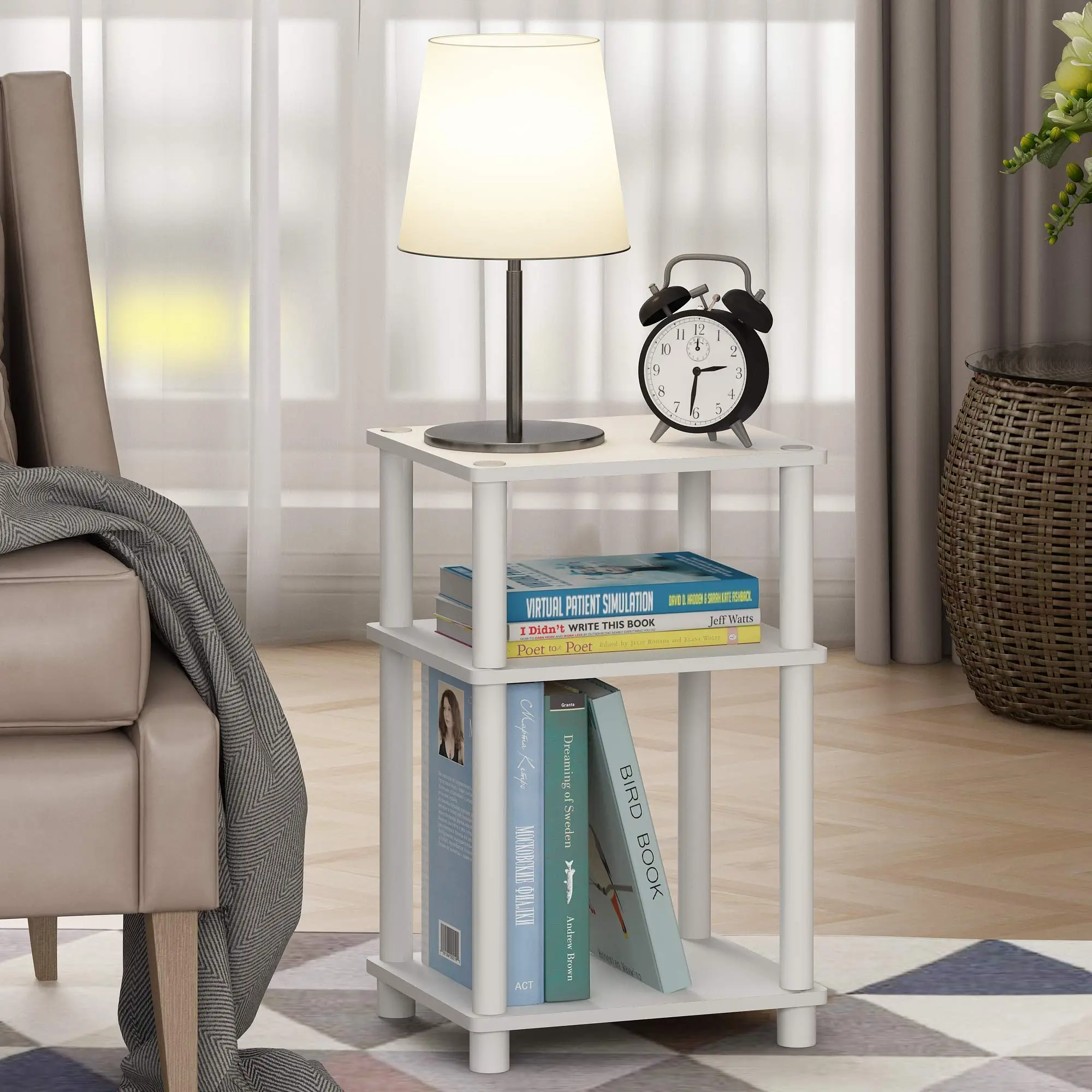 HOMLUX Just 3-Tier Turn-N-Tube End Table – White/White, Affordable & Functional Furniture