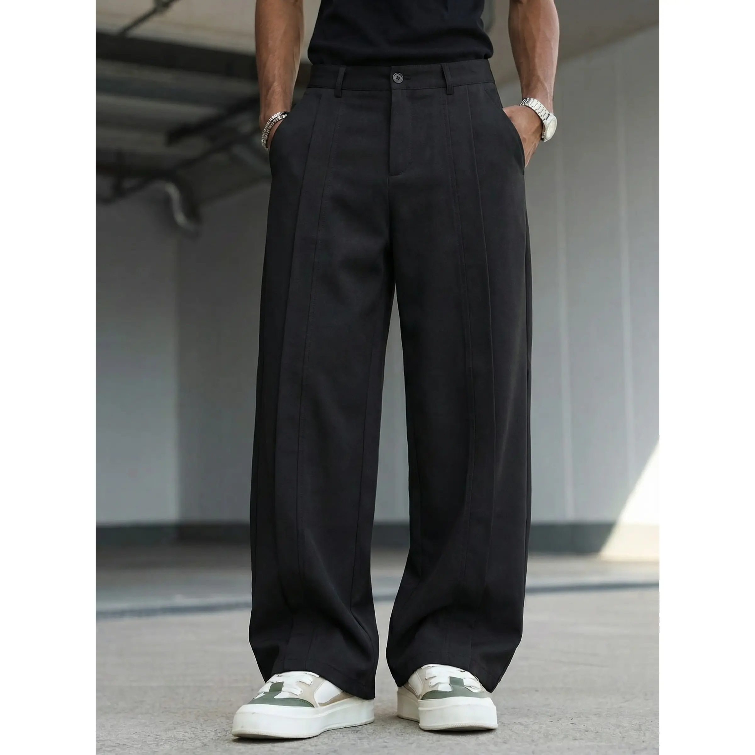 Men's High-Waist Black Pleated Wide-Leg Dress Trousers - Oversized Streetwear Slacks with Fabric Texture, Pockets, Alphabet Print, Loose Fit for 18-35 Guys, Day & Smart Casual Occasions, Button, Vibe