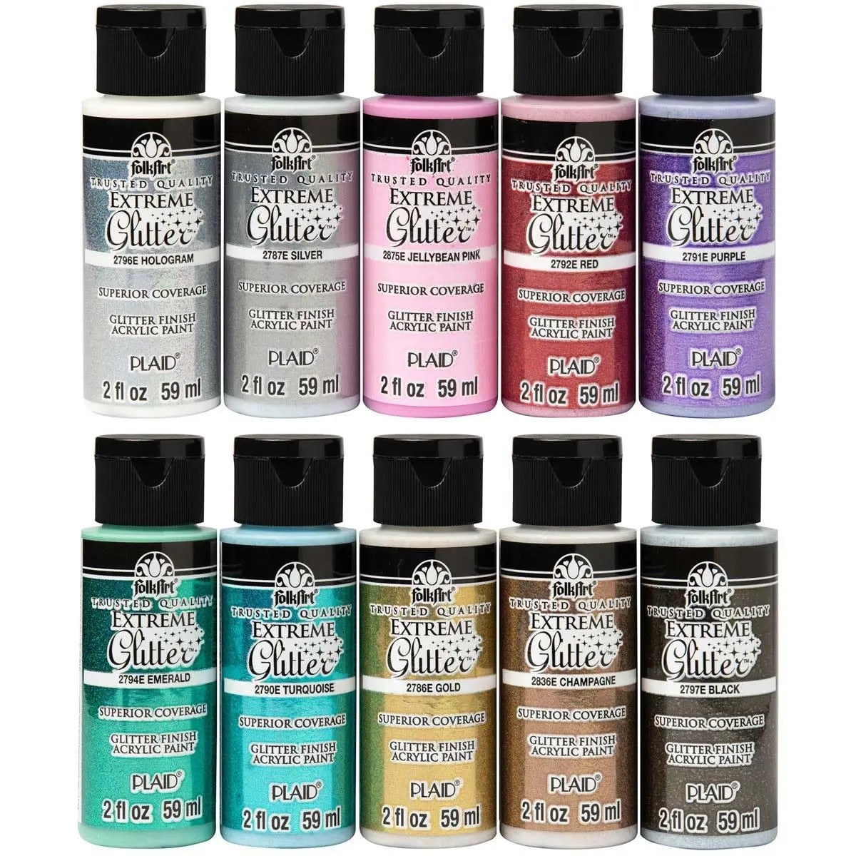 FolkArt Extreme Glitter Acrylic Paint Set, 10 Colors (2 oz), Water-Based Craft Paint with Glamorous Sparkle Finish, Easy Clean Up, Includes Black & Gold, Bottle, Crafts, Champagne, Emerald, Sparkling