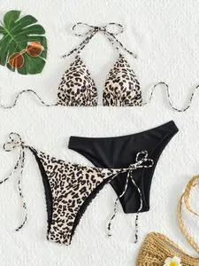 Wild Leopard Print Halter Triangle Bikini Set for Women, High Waist Tummy Control, Sexy Backless Swimsuit for Summer Beach Vacation