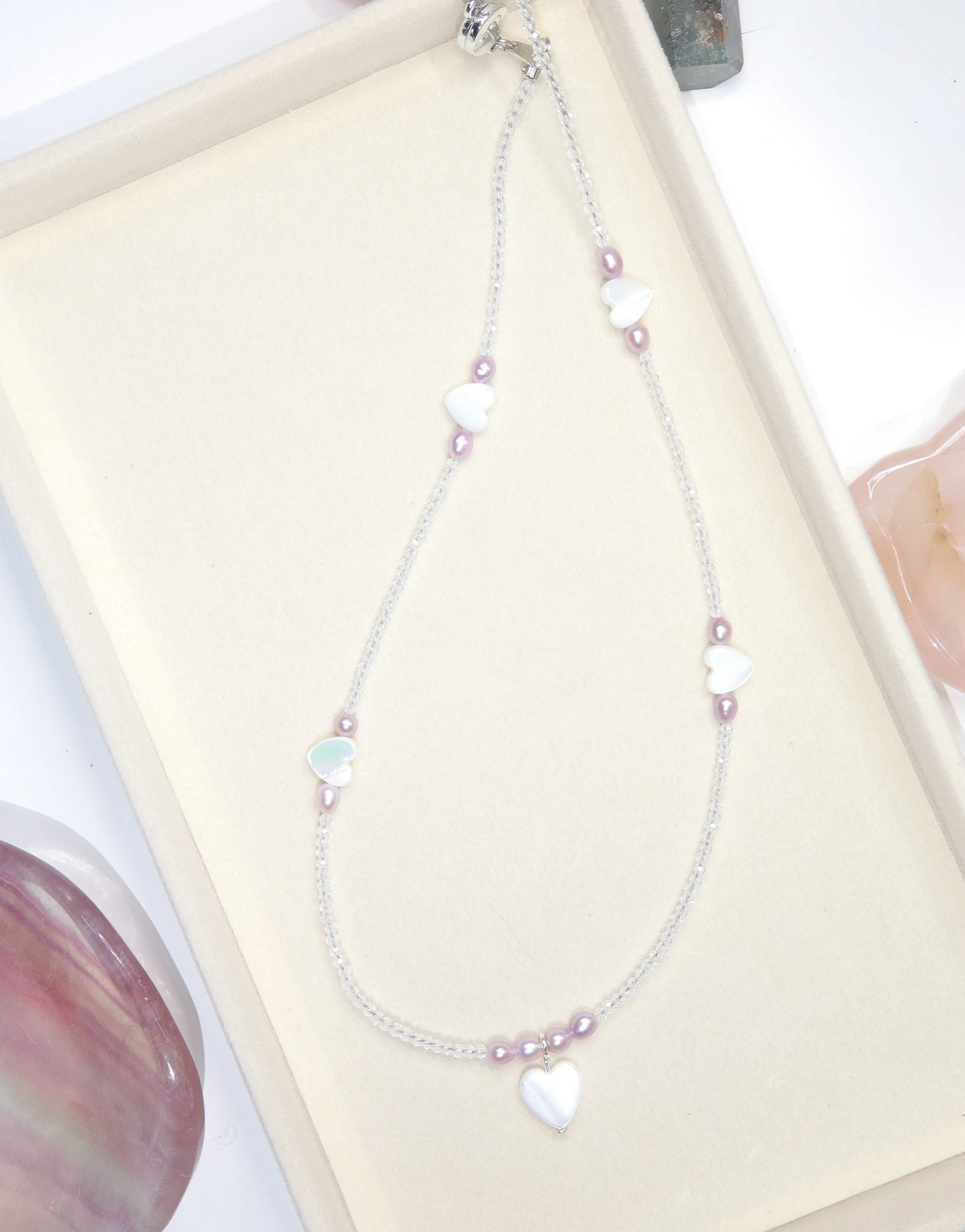 Shell and lavender pearl Necklace with quartz beads
