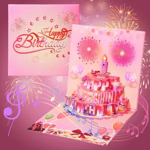 Birthday Cards Fireworks 3D Pop Up Cake Light and Music Happy Birthday Gifts Decorations for Women, Men, Mom, Grandma