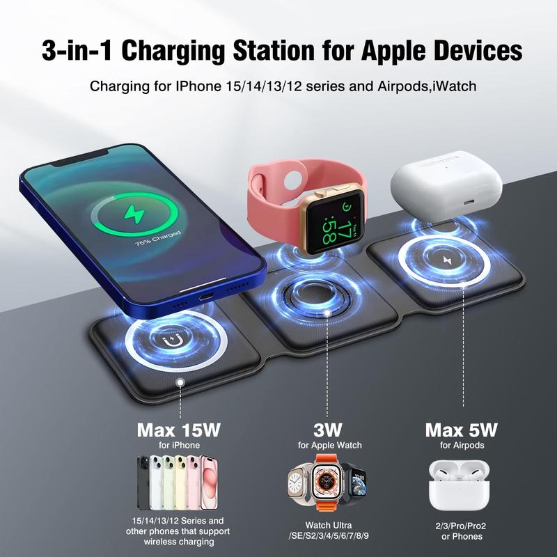 Charging Station for Apple Multiple Devices - 3 in 1 Foldable Magnetic Wireless Charger Dock - Travel Charging Pad for iPhone 15 14 13 12 Pro Max Plus Watch & Airpods Charging Station for Apple Multiple Devices - 3 in 1 Foldable Magnetic Wireless Charger Dock - Travel Charging Pad for iPhone 15 14 13 12 Pro Max Plus Watch & Airpods