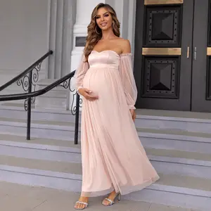 Joyfunear Blush Pink Off-the-Shoulder Maternity Maxi Dress, Long Puff Sleeve Tulle Pregnancy Gown for Baby Shower Photoshoot