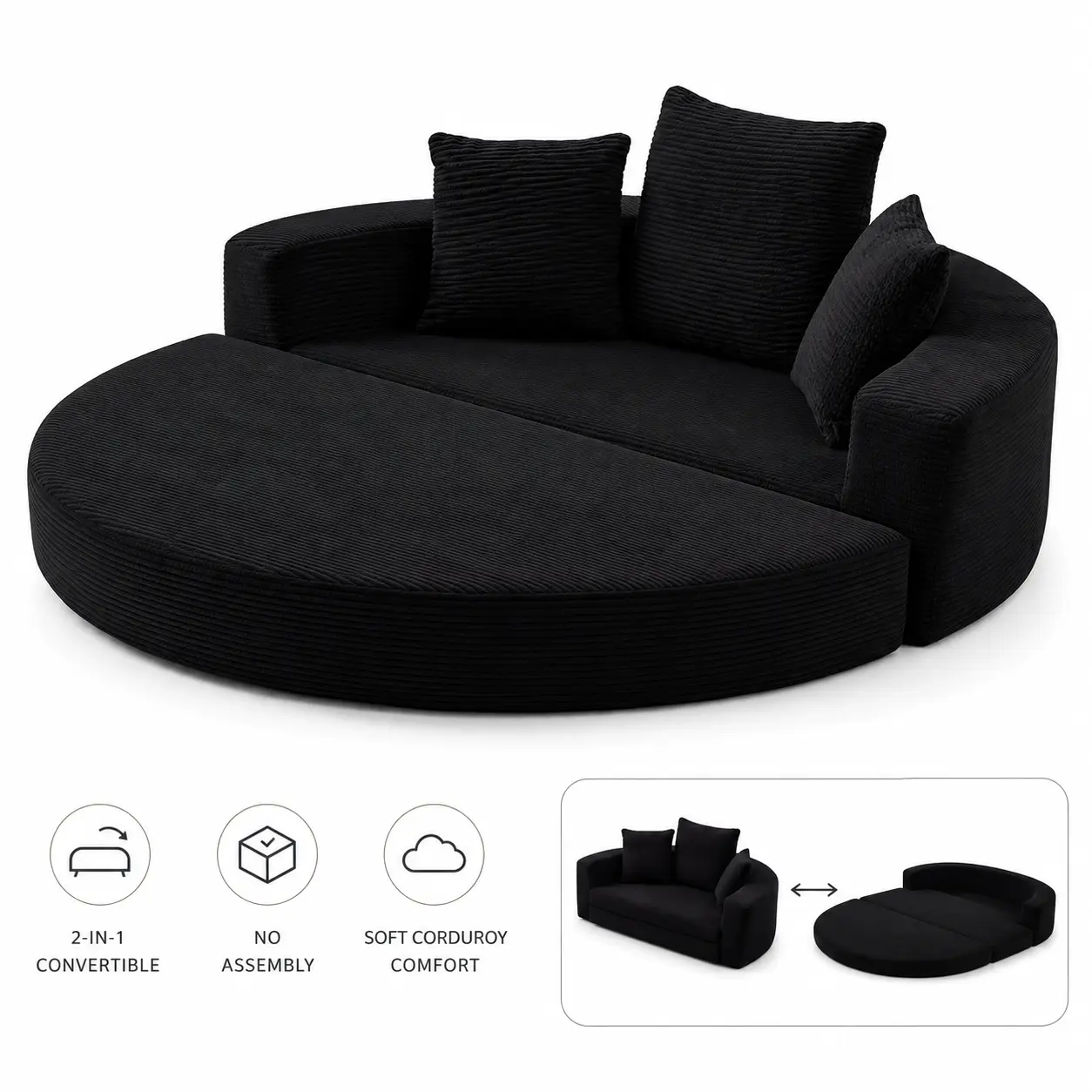 Corduroy Convertible Sofa Bed - Multi-functional Adjustable Circular Floor Lounge Couch, No Assembly, Compressed, for Apartment Living Room Office