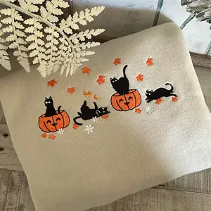 Embroidered Pumpkin Cat Sweatshirt, Cozy Fall Crewneck Embroidered Sweatshirt