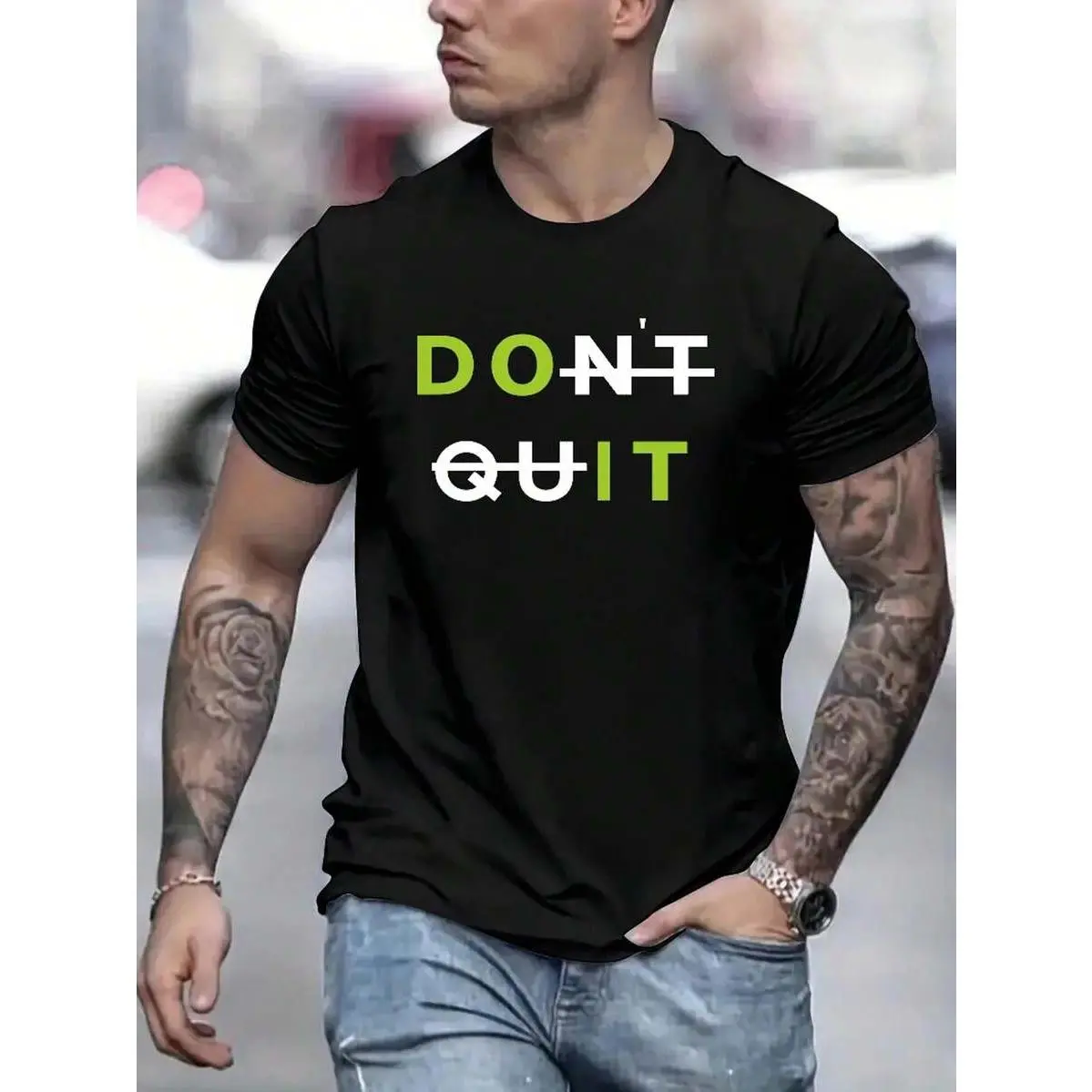 Men'S Cotton Crew Neck T-Shirt - "DON'T QUIT" Motivational Print, Short Sleeve, Regular Fit, All-Season Casual Tee, High Stretch Knit Fabric, 180gsm - Daily & Weekend Wear