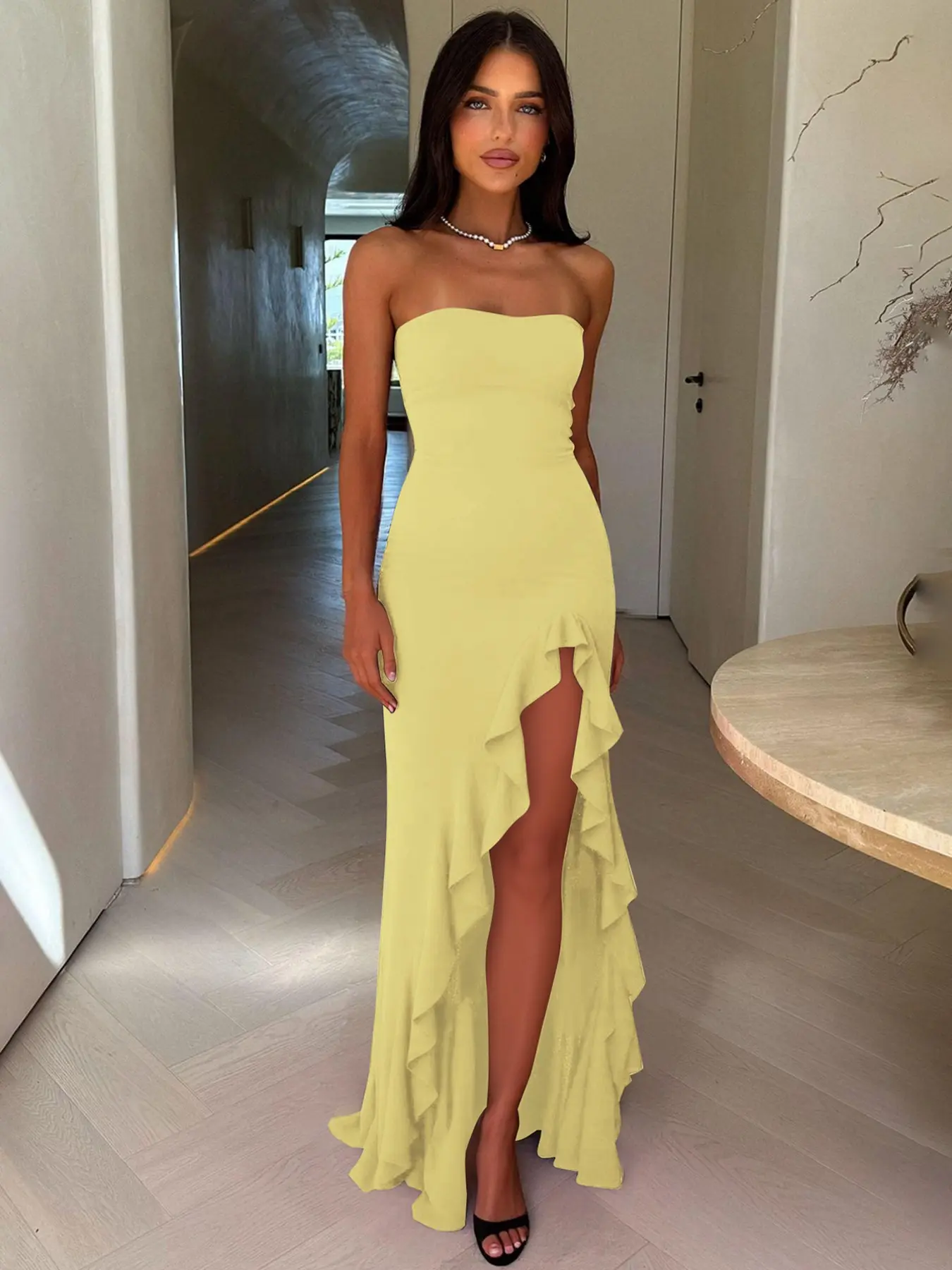 Women's Solid Color Ruffles High Split Off-Shoulder Sleeveless Bodycon, Slim Tube Dress Strapless Backless Ruched Women's Solid Color Ruffles High Split Off-Shoulder Sleeveless Bodycon, Slim Tube Dress Strapless Backless Ruched