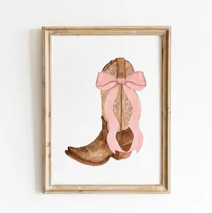 bow Cowgirl boots print, coquette nursery pink bow printable art, preppy Western dorm room poster, teen bedroom wall art