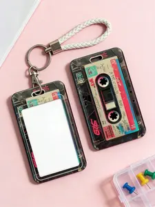 Retro cassette-style card holder with a sliding mechanism, Id badge holder, anti-lost lanyard, sturdy ID card case, vintage card wallet for protection and storage, suitable for student IDs, transit cards, shockproof and scratch-resist
