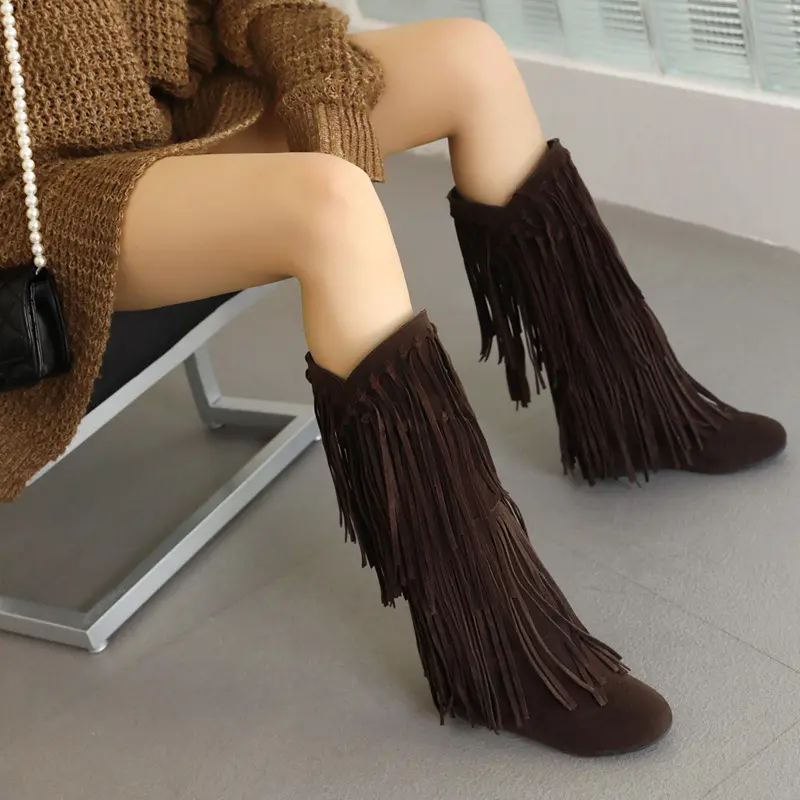 Women's Fringe Knee High Boots, Multi-Layer Tassel Suede Western Boots, Round Toe Low Heel Cowboy Tall Boots, Fashion Footwear for Festival Party Daily Street Outfits