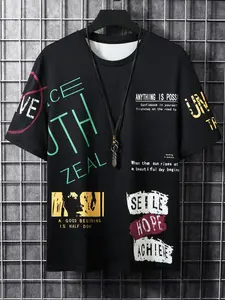 Men's Summer Letter Print Round Neck T-Shirt, Short Sleeve Shirt, Casual Streetwear Style, Daily Wear Clothing for Men