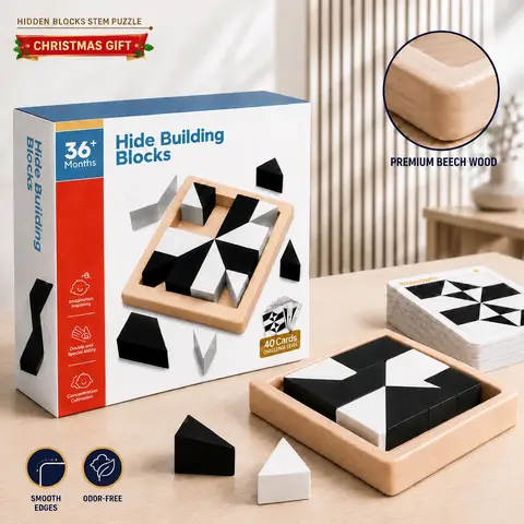 Wooden Hidden Blocks Puzzle – Beech Wood STEM Building Set, 3D Geometric Brain Teaser for Kids & Adults, Montessori Educational Toy, Screen-Free Logic Game, Birthday Gift Ages 3+