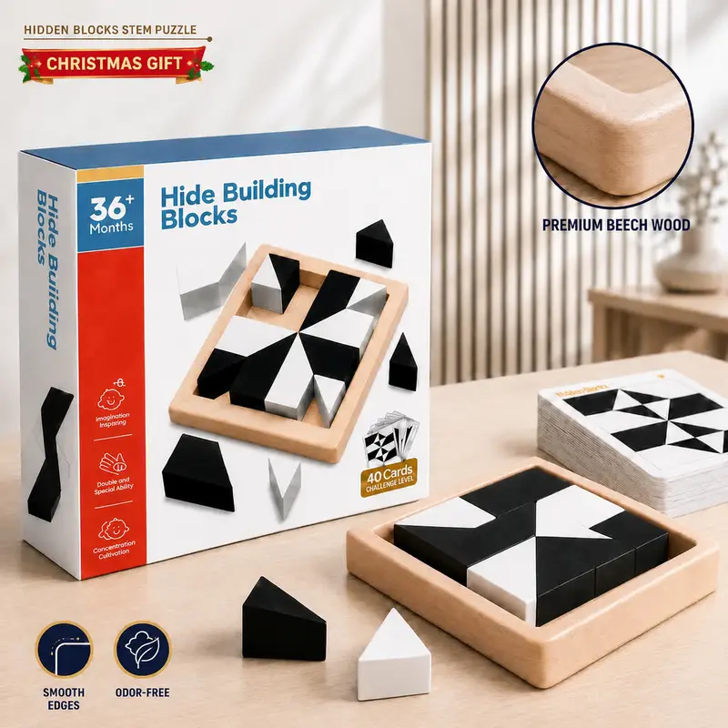 Wooden Hidden Blocks Puzzle – Beech Wood STEM Building Set, 3D Geometric Brain Teaser for Kids & Adults, Montessori Educational Toy, Screen-Free Logic Game, Birthday Gift Ages 3+