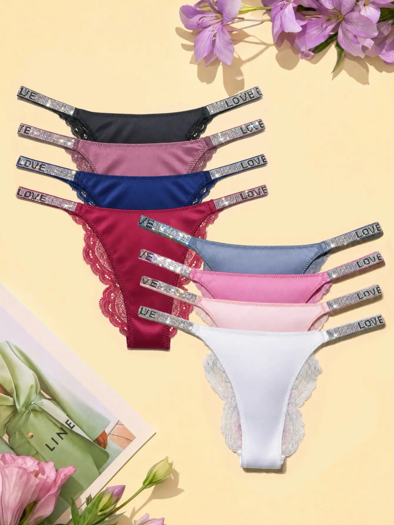 Sparkly Rhinestone Strap Lace Thong Panties for Women – Sexy Floral Lace Bikini Underwear, Soft Stretch Low Rise G-String, Shiny “LOVE” Crystal Strap Design, Breathable Comfortable Lingerie for Daily Wear & Special Nights