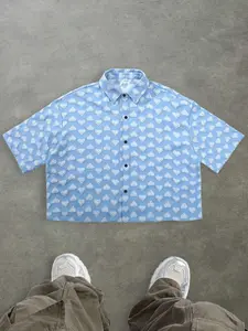 Light Blue Heart Embossed Short Sleeve Shirt, Y2K Sweet Cool American Streetwear, Casual Fitted Graphic Top for Women