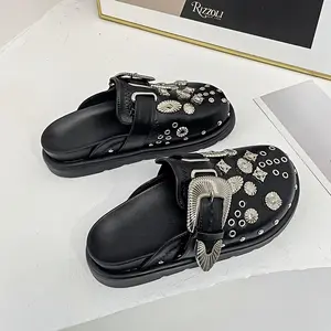 [Metallic Charm Mules] Black PU Cover Stylish Women's Slip-On Mules - Thick Sole, Round Toe, All-Season Comfort, Metallic Charms Casual Roman Beach Sandals