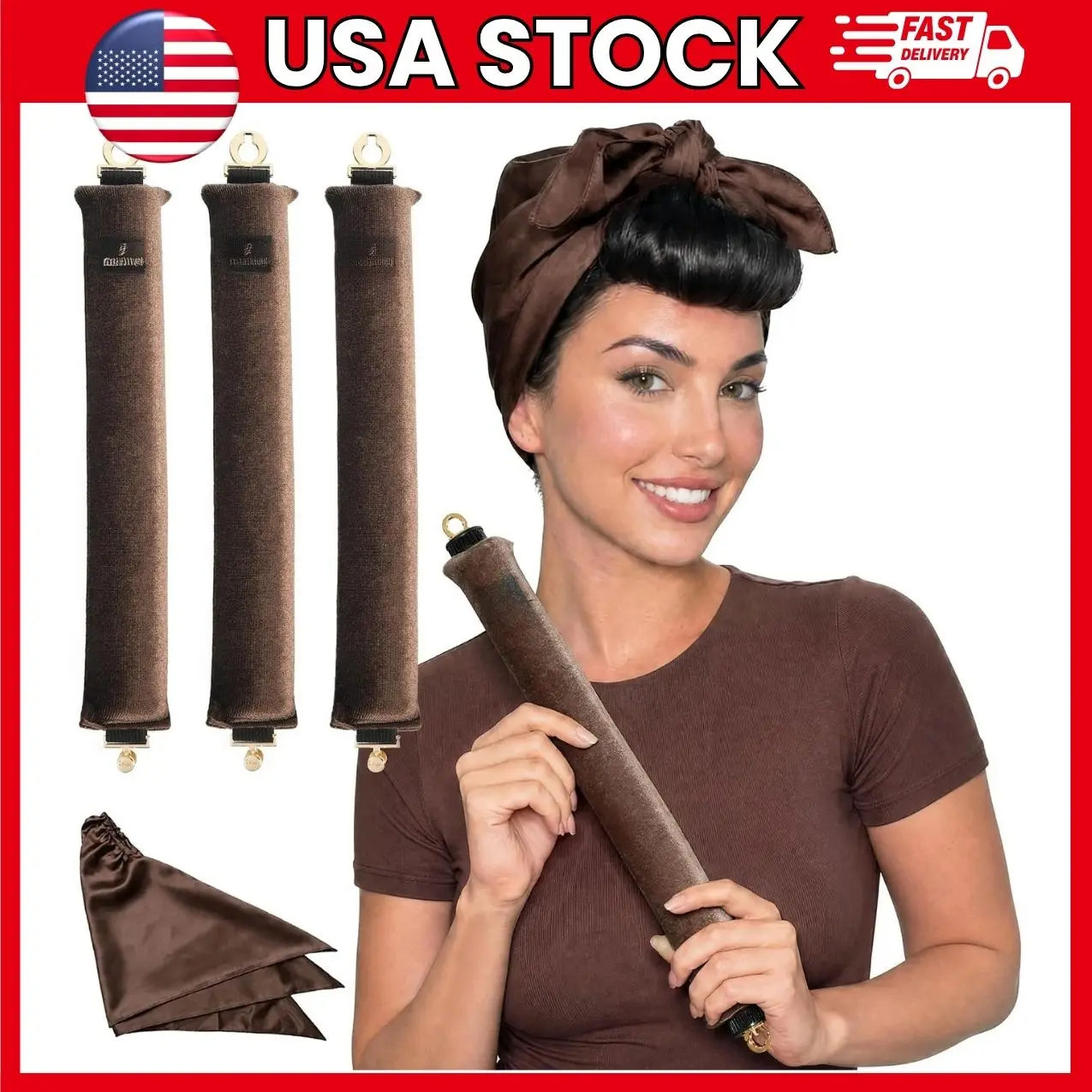 Heatless Curlers for Long Hair, Jumbo Velvet Overnight Curling Rods with Satin Scarf, No Heat Foam Flexi Rod Hair Rollers for Sleeping and Styling, Brown 4 Count | heatless curls overnight curlers no heat hair rollers jumbo flexi rods long hair