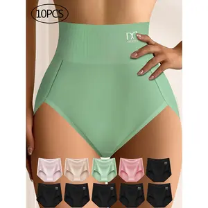 QUASSI 10-Pack Women's Dopamine Color Striped Breathable Comfortable Close-Fitting Women's High-Waist Panties Elastic Soft Hip-Hugging High-Waist Thigh Panties Student Back-to-School Sports Panties & Women's High-Waist Panties