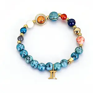 Eight Planets Twelve Constellations Bracelet Natural Stone Blue Black Spotted Stone Wholesale Jewelry