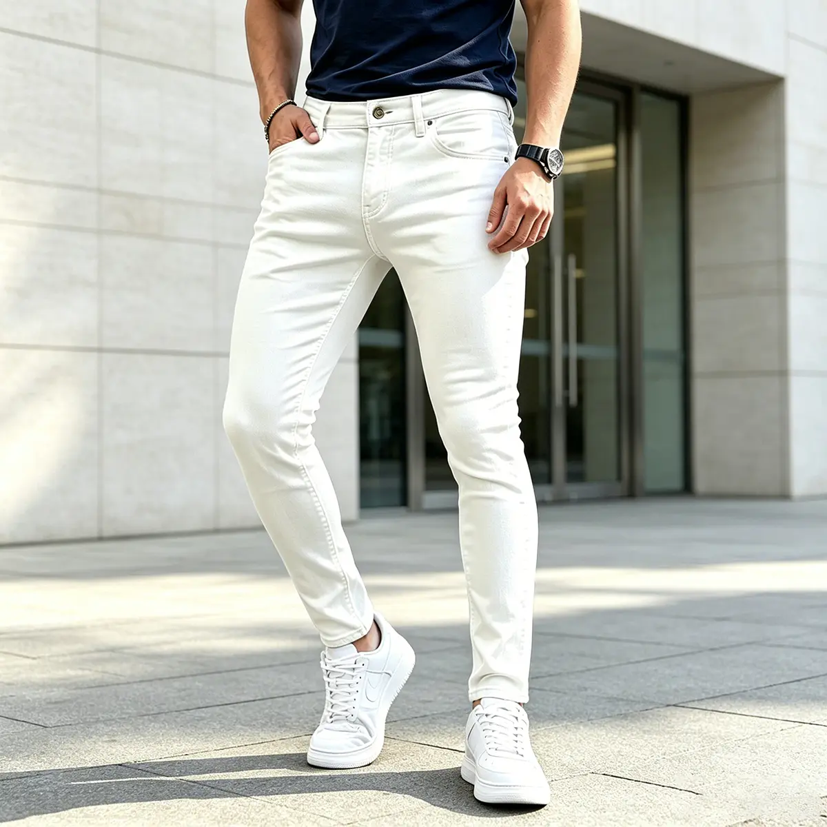 GINGTTO Men's Slim Straight Fit Jeans Comfort Stretch Spill-resistant Denim Pants Stain Resistant Jeans Casual Slim Fit Plain White Menswear Streetwear Fabrics
