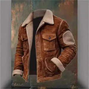 Men's Shearling Lined Suede Leather Jacket with Sherpa Collar and Elbow Patches, Warm Winter Outerwear