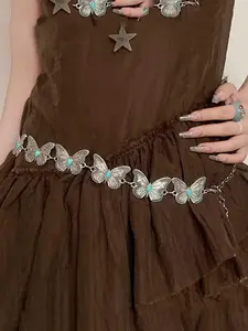 Silver Chain Belt Chain Belt for Women Fashion Plus Size Silver Waist Chains Butterfly Metal Waist Belts Chains Turquoise Stone Detail Trendy Belly Belts for Women Dress Accessories Fashionable Star Decorated Belt