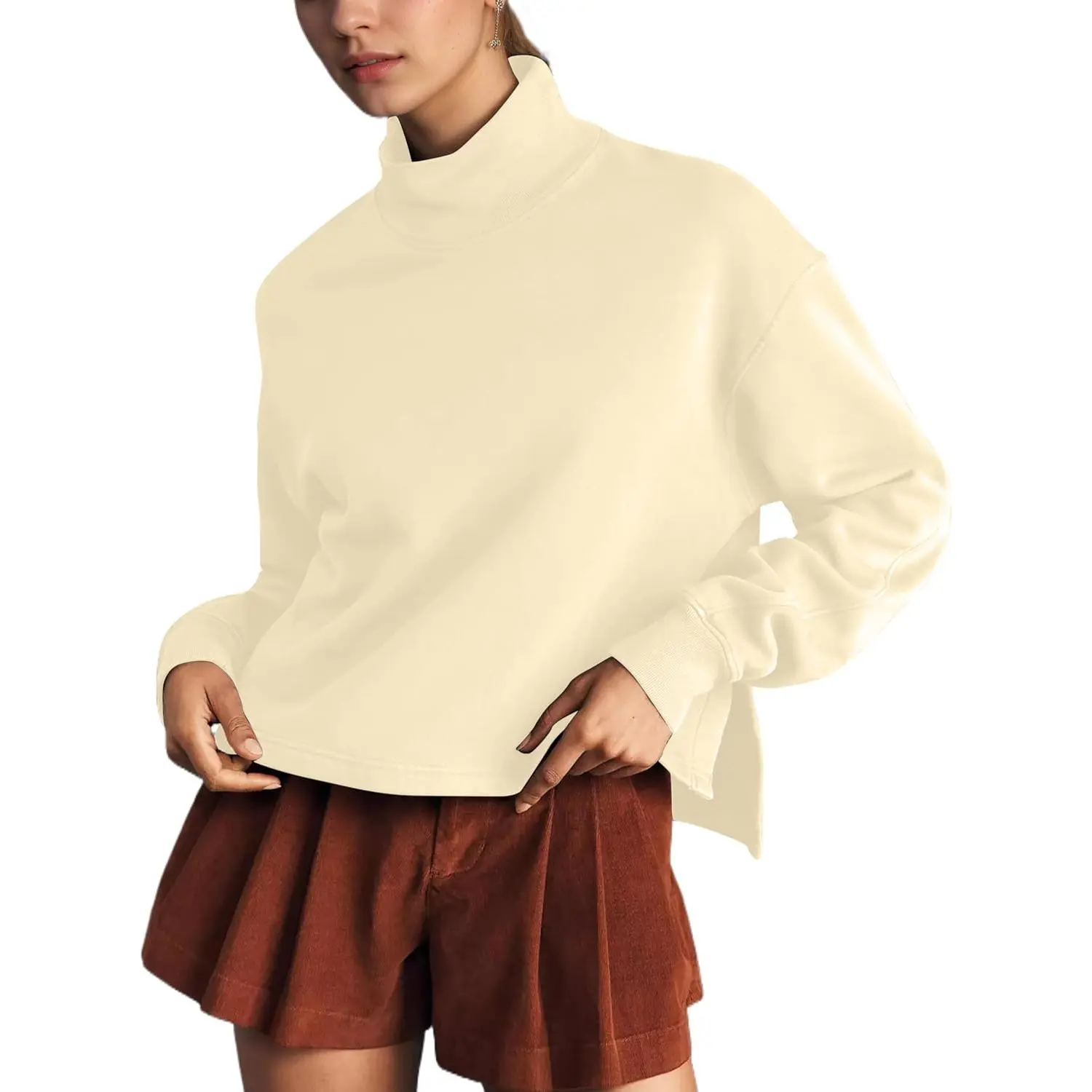 Women's Turtleneck Mock Neck Casual Sweatshirt - Long-Sleeve Pull-On Pullover with Drop Shoulders, High-Low Hem, Side Slits for Indoor Leisure (Sports & Outdoor Indoor Recreation Use)