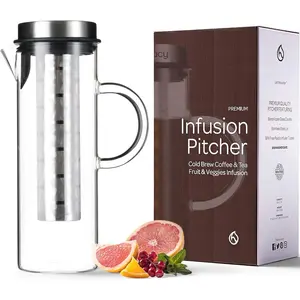 Cold Brew Coffee Maker - Large Glass Infusion Pitcher 1.6 Quarts 52oz - Iced Coffee & Iced  Pitcher with Stainless Steel Lid & Fruit Infusion Tube -  for  or Office