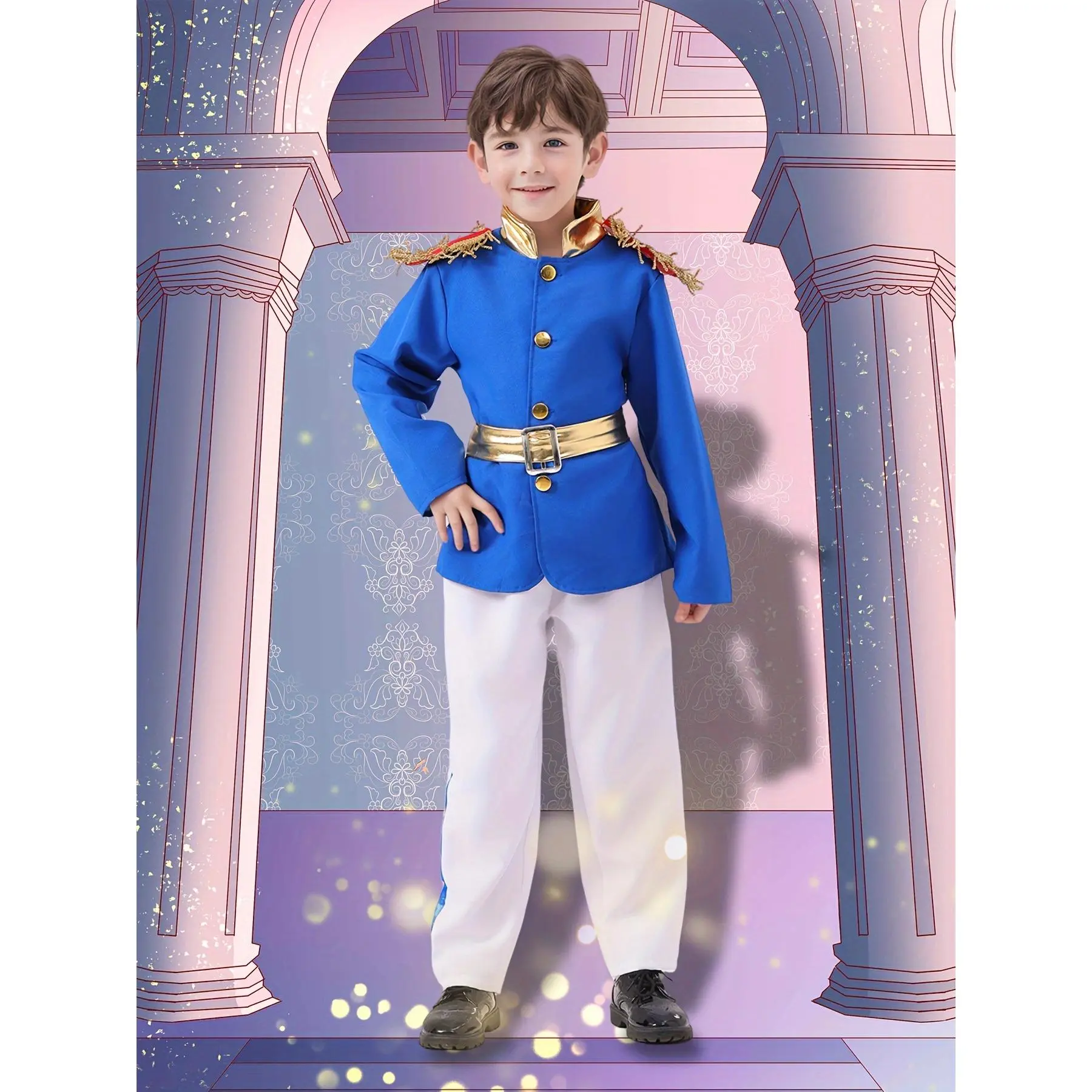 Boys' Royal Prince Charming Costume Set, 3-Piece Polyester Outfit with Fringe Jacket & Belt for Halloween, Creative Play, Ages 4-10, Buttons, 100% Polyester, Fringe Trim, White Pants, Blue Jacket, Cozy, 4-10 Years, Belted, Historical/Period Holiday, Machi