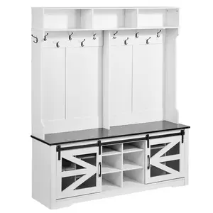 Hall Tree With Bench And LED Coat Rack, 59-Inch Wide Mudroom Organizer With Shoe Storage, Seating Bench, Adjustable Shelves, 12 Hanging Hooks, Durable Wood Construction For Entryway Hallway And Mudroom