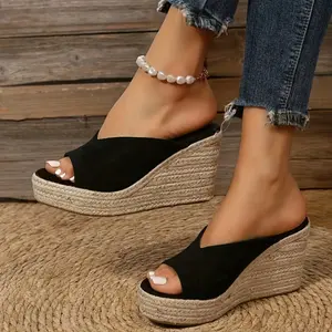 Women's Solid Color Peep Toe Espadrille High Wedge Heels - Slip-On Platform Slide Sandals, Outdoor Footwear, Beige Flatform Shoe