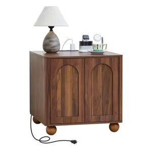 Giratree 21.65" Bed Side Table with Charging Station, Mid Century Modern Nightstand with 2 Doors, Square End Table with Storage for Couch, Living Room, Small Spaces, Sofa Side Table for Office, Dorm