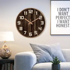 Vintage Quartz Wall Clock Imitation Wood Grain Design Glass Clock Face For Living Room Kitchen Courtyard Minimalist Style Clock