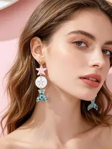 1pair Summer Beach Vacation Earrings, Mermaid Tail Design, Sparkling Starfish, Shell, Fish Tail Dangle, Perfect for Parties and Vacations