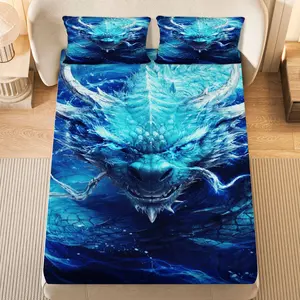 3Pcs Blue Dragon Fantasy Mythical Fitted Sheet Three Piece Set (1*Fitted Sheet+2*Pillowcases, Coreless), Fantasy theme, Dragon Bedding Set, Mattress Protector Soft, Breathable