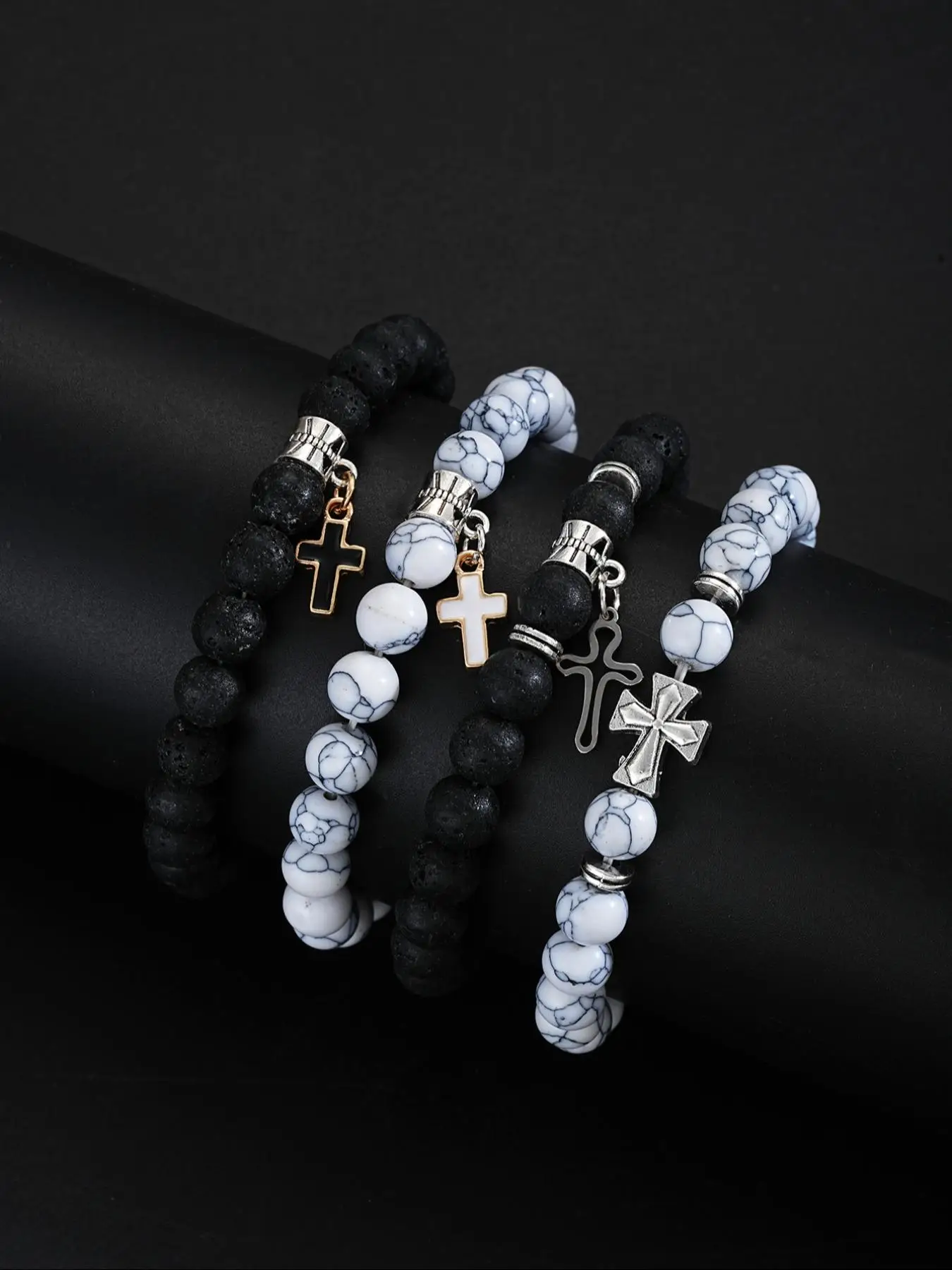 Men's Vintage Cross Charm Beaded Bracelet, Fashionable Jewelry for Party, Daily Clothing Decor, Trendy All-match & Exquisite Jewelry for Birthday Gift