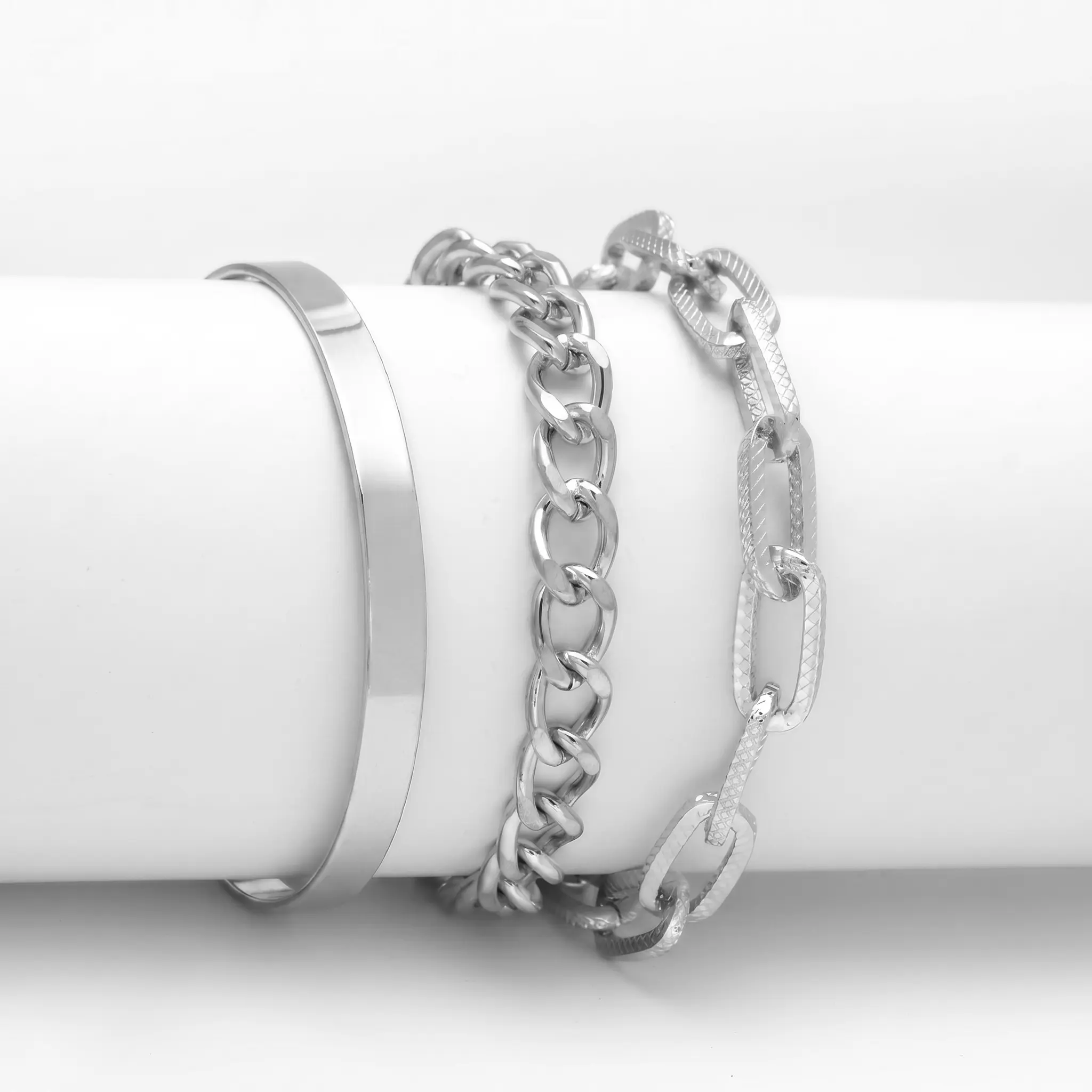 Silver Bracelets Set for Women, 3Pcs Silver Plated Adjustable Stackable Bracelets with Chunky Chain Cuff Bangle and Paperclip Link Bracelet, Layered Jewelry Accessories Gifts for Women Girls