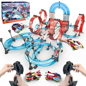 Slot Car Race Track Sets Electric Remote Control Car for Kids Rechargable Electric Racing Game with Hand Controllers Circular Overpass Track Birthday Toys for Boys Kids 6 7 8-12