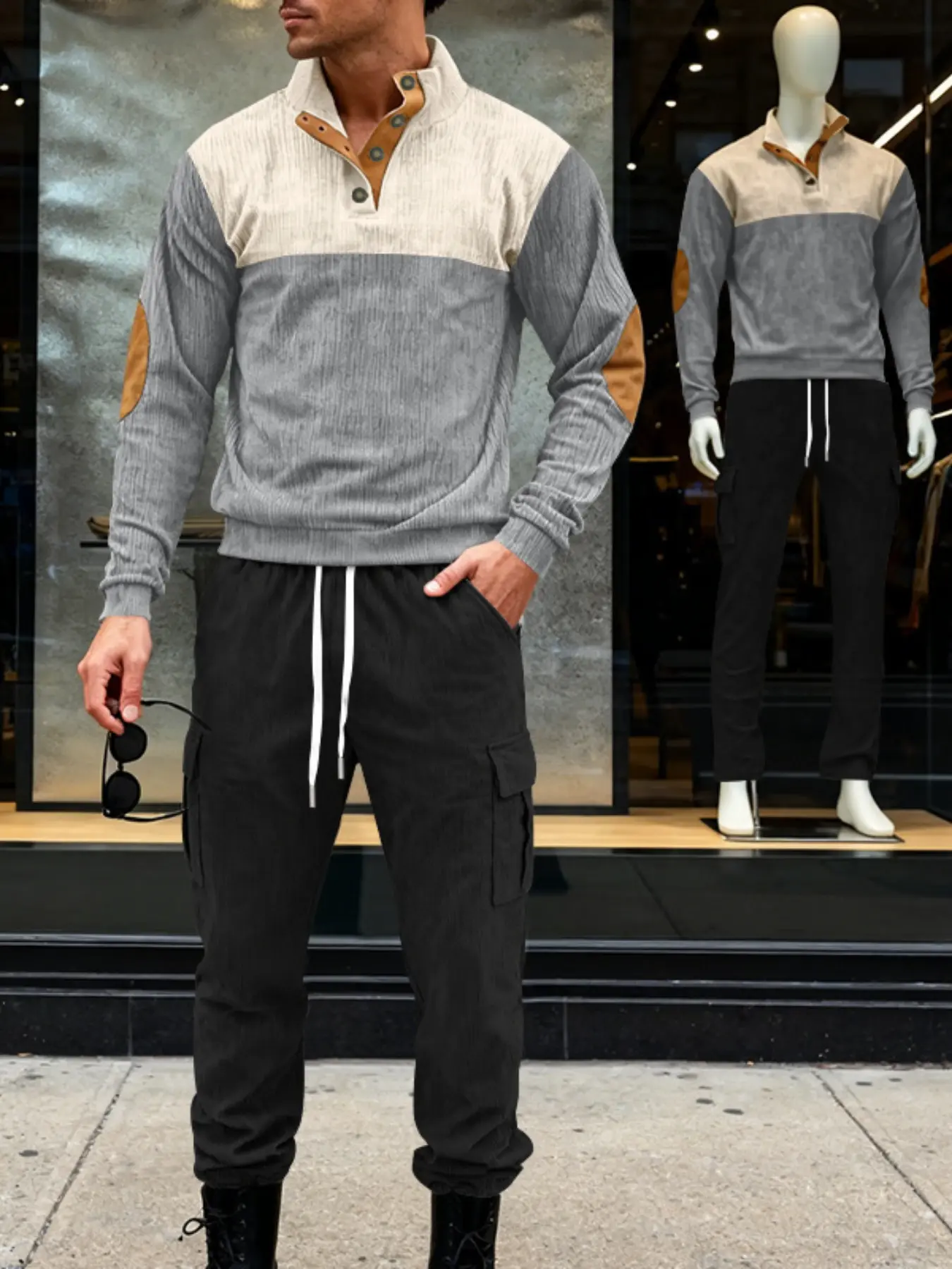 Men's Winter Tech Corduroy Sweatshirt & Pants Set, Outdoor Loose Workwear Commuter Half-Zip Sweater Set, Casual Loose Fit Jogger Style