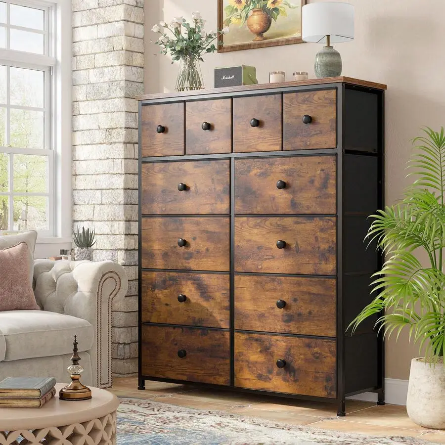 Dresser For Bedroom With 12 Drawers, Tall Dresser With Wooden Top And Metal Frame, Bedroom Dresser Dressers & Chests Of Drawers, Room Decor, Home Deco, Festival Decor