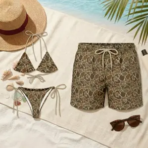 Matching Couple Swimwear Camo Print, His and Hers Camouflage Bathing Suit, Honeymoon Swimsuits, Camo Bikini and Men's Swim Trunks Set