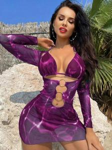 three-piece set women's all over print ring linked bodycon cover up & tie back bikini top & high cut swim bottom set, bikini sets, boho chic ladies summer beach vacation swimsuit