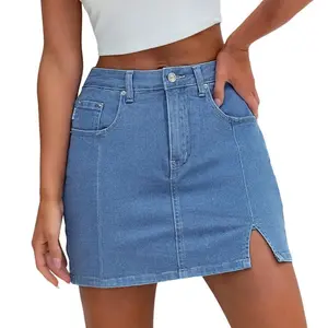 Women's high waisted denim skirt | Built in shorts and side slit skirt, women's dress with buttonsRAIMENTRY