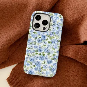 Blue Hydrangea Girly Aesthetic Flowers Phone Case , Shockproof Rugged Cover Dual Layer Soft TPU Hard Bumper Shell for iPhone 7 8 X XR XS 11 12 13 14 15 16 17 Pro Max Plus Cute