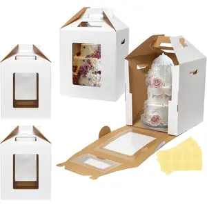 4 Pack 2 Sizes Tall Cake Boxes for Tier Cakes 10x10x12 & 12x12x14 Inches Disposable Layer Baking Carrier with Window Large Tierd Bakery Take Out Transport Containers with Handle for Wedding