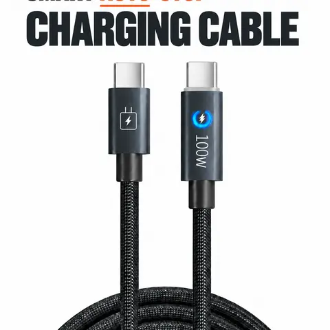 Smart Auto-Stop Charging Cable, 100W USB-C Fast Charging Cable, 5FT Braided Cord with LED, Data Sync, Auto Protection Cycle for Overnight/Extended Charging, Compatible with iPhone 17/16/15, Samsung Galaxy, Pixel, Tablets & Laptops (TikTok Shop SohoChic）